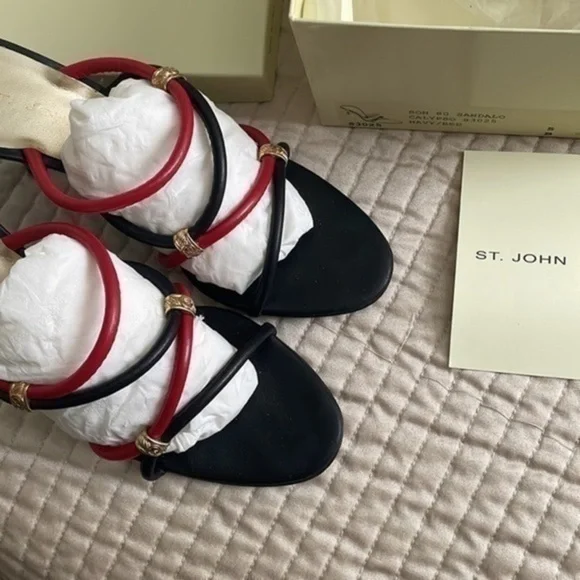 St. John leather mules strappy calypso navy red gold monogram - Picture 3 of 16